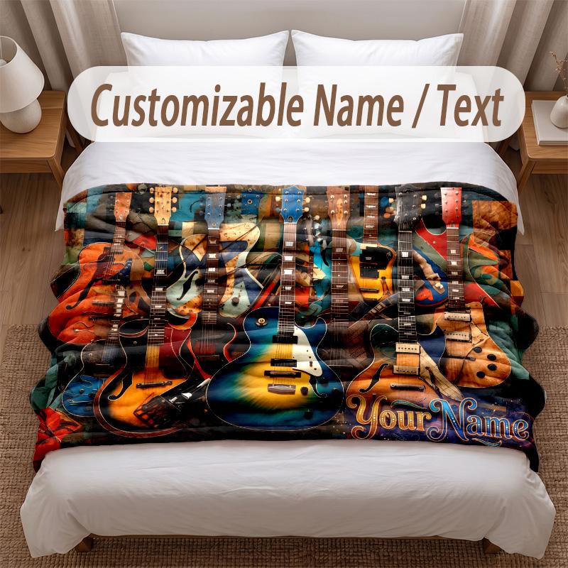 Music Guitar Theme Soft Blanket Personalized Custom Name Text Print Warm Blanket Home Sofa Bedroom Decor