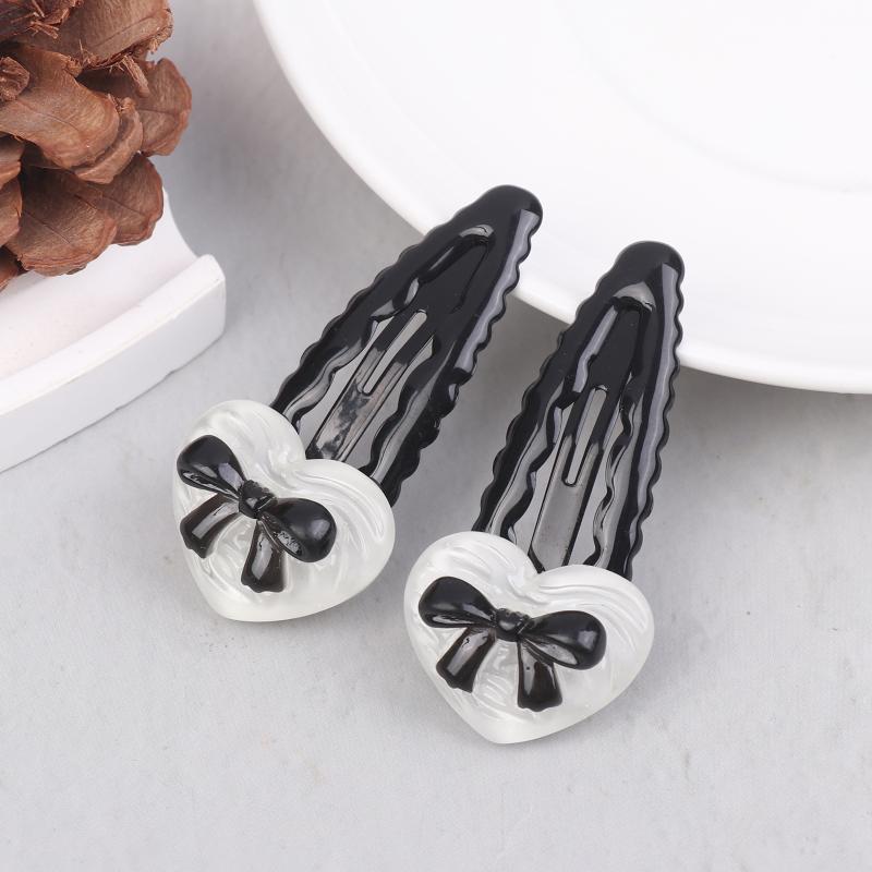 2/6Pcs Fashionable Heart Black Bowknot Wavy Bb Clip Energetic Girl'S Sweet And Cool Versatile Side Clip New Style Hairpin