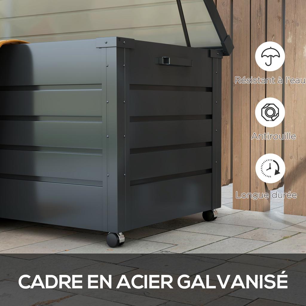 Outdoor storage box, 311 L, gas strut, wheels, handle, galvanized steel, 120 x 62 x 66 cm, grey