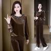 Gold Velvet Embroidery Suit for Women, Autumn and Winter Fashionable Casual Top, Straight Pants Two-piece Set