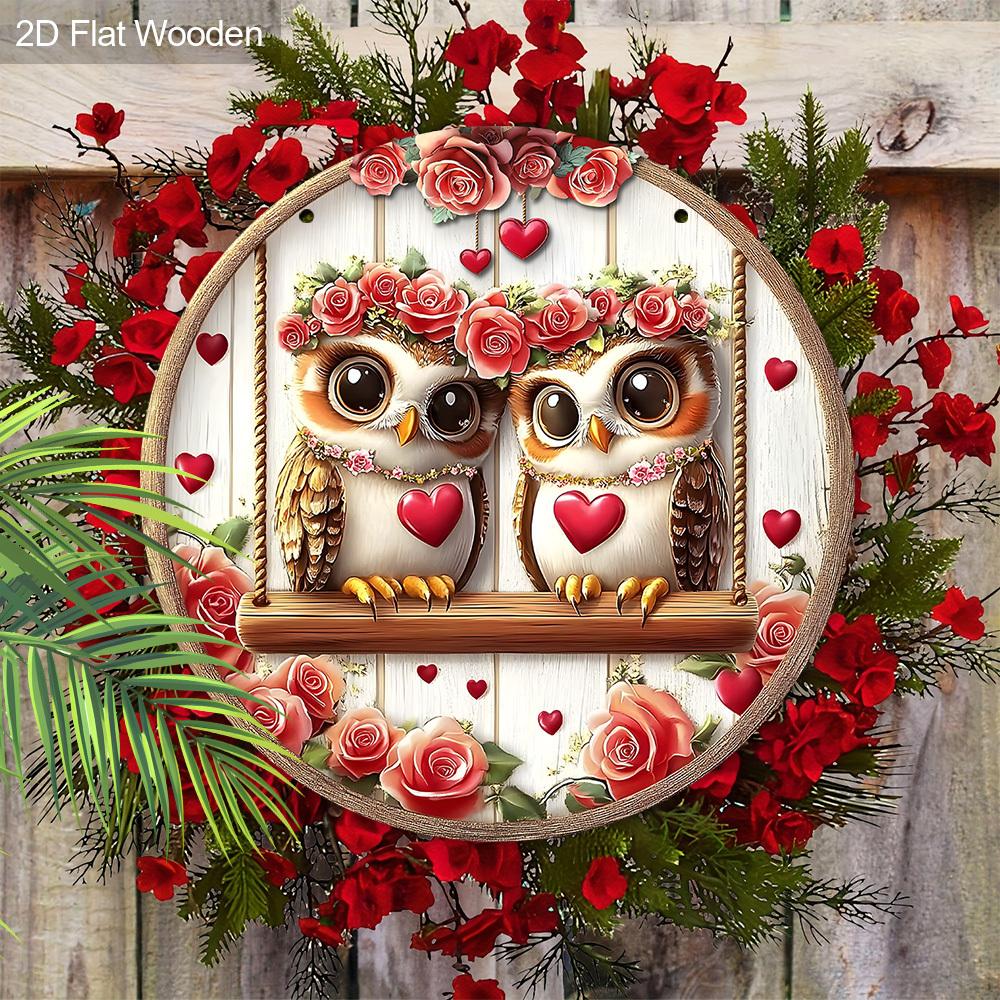 Valentine's Day Wooden Sign with Adorable Couple Owls & Rose Pattern, Round Sign for Front Door Wall Hanging Decor, Ideal Gift for Valentine