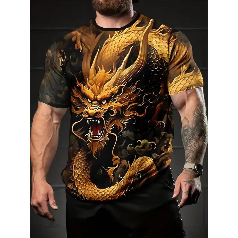 Men's 3D Digital Print Dragon Graphic T-Shirt Casual Short Sleeve Summer Round Neck Tshirts Regular Fit Oversized T Shirt Top