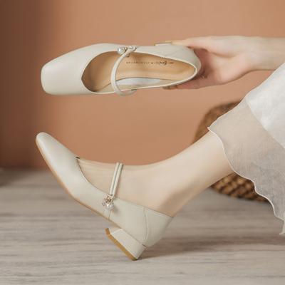 Spring and Autumn Genuine Leather Women's Single Shoes Simple Soft Face Girl Student Thick Heels Small Fragrant Square Head Marie Zhen Shoes
