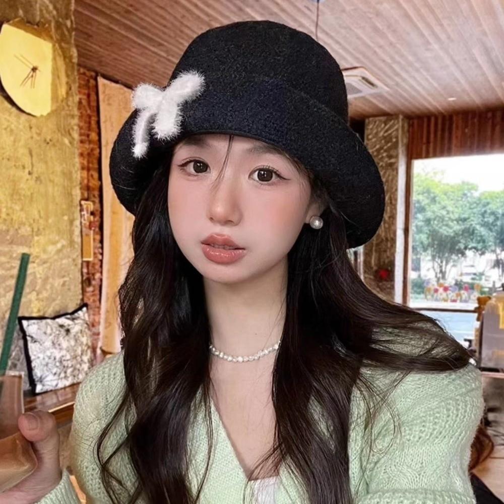 Casquette de pêche en laine de couleur unie Tricot Chapeau seau pour femmes Élégant nœud Chapeau seau Printemps Été