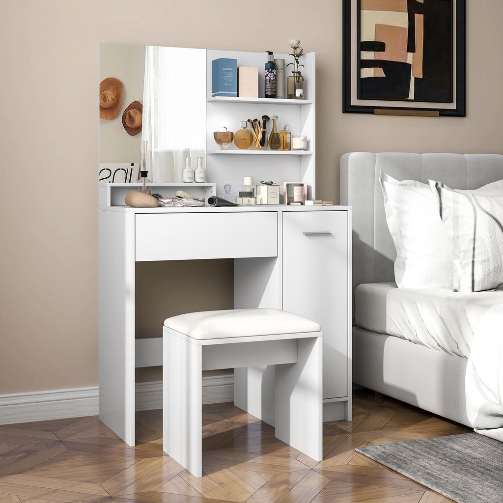 Dressing table set with mirror and stool, drawer, cabinet with adjustable shelf for the bedroom 80L x 40D x 132H cm, white