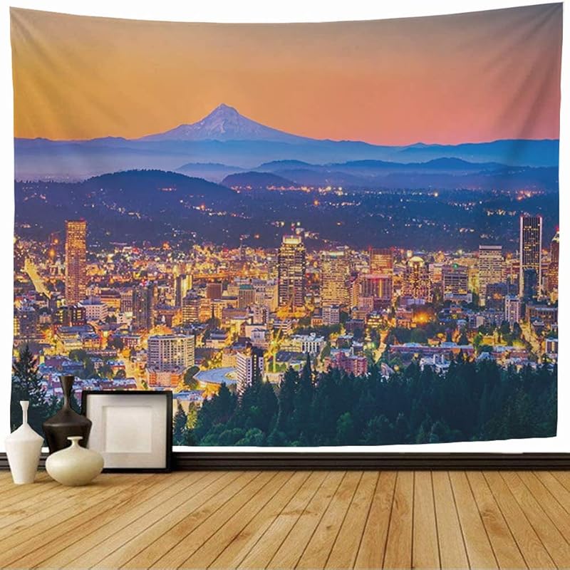 Staromin Tapestry Pittock Modern Portland Oregon Downtown Hill USA Skyline Dusk Mountain Mt Offices Landmarks Dawn Vintage Tapestry Wall Hanging for 60L  x 50W