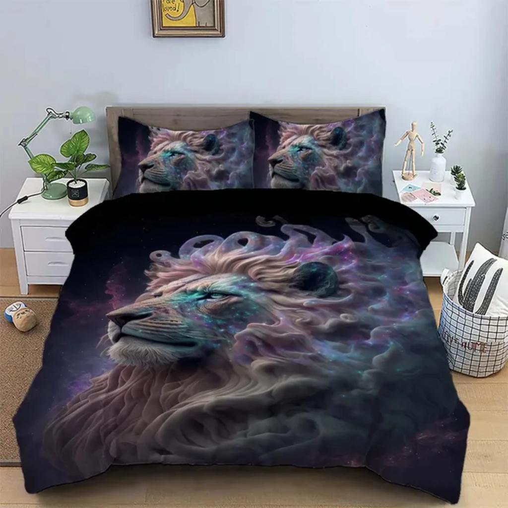 Wygodny i ciepły, 3-częściowy komplet pościeli z nadrukiem zwierzęcym Król Lew, matowy poliester 90 g/m2, zawiera 1 poszwę na kołdrę i 2 poszewki na poduszki
