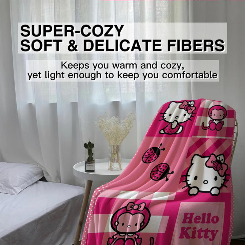 Hello Kitty Printed Flannel Blanket, Soft Cozy Fluffy Throw for Bed, Sofa & Living Room
