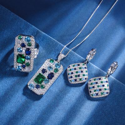 Jewelry Copper Gold-Plated Simulation Color Treasure Large Square Color Matching Stone Shining Diamond Pendant Ring Set