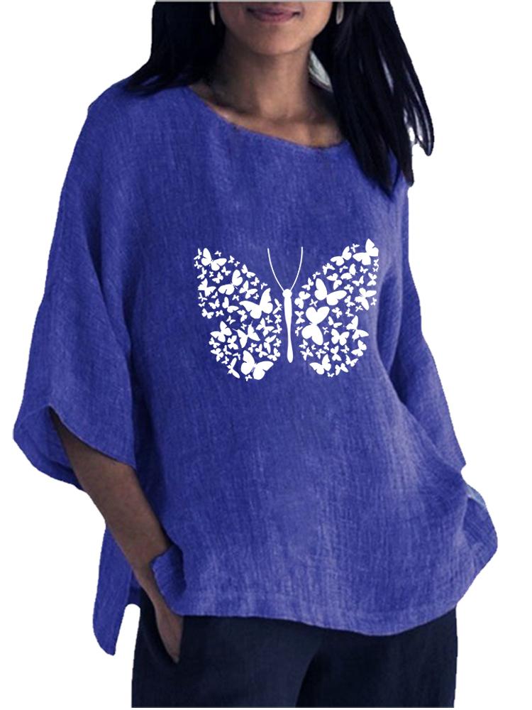 Women Fashion 3/4 Long Sleeve Top Spring&summer Round Neck Print Shirt Ladies Pullover Cotton Linen Blouse