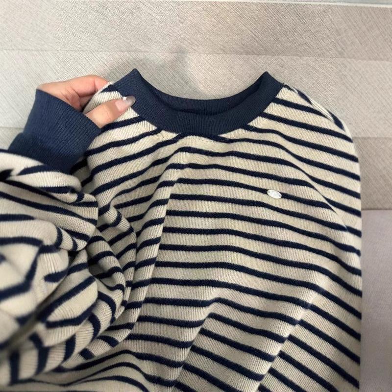 Vintage Streifen Rundhals Pullover Damen Basisschicht Herbst Winter Dick Locker Lässiger Stil Langarm Strickoberteil