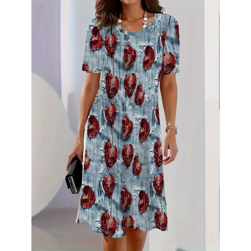 Women Dress Vintage Denim Blue Print Design Sense Fashion New Summer Elegant Casual Short Sleeve Dress Loose Women A-Line Dress