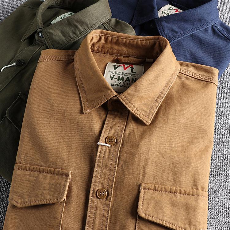 Fashion Solid Color Cotton Wash Long Sleeved Shirt Men's Double Pockets Retro Casual Youth Jacket Thin Coat