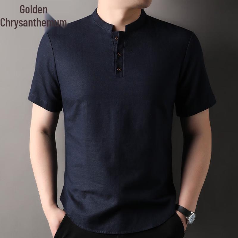 Men s Chinese Style Linen Blend T-Shirt M