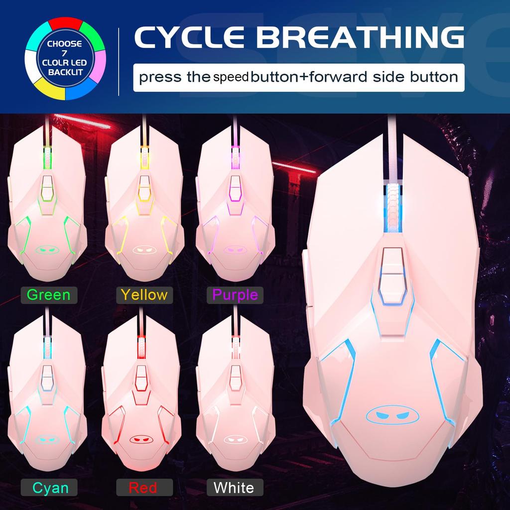 MageGee G10 Gaming Breathing LED 6 Adjustable DPI Settings To 3200 Ergonomic Optical Computer 7 for Windows PC Pink Mouse, Wired, 7-Color Backlight,