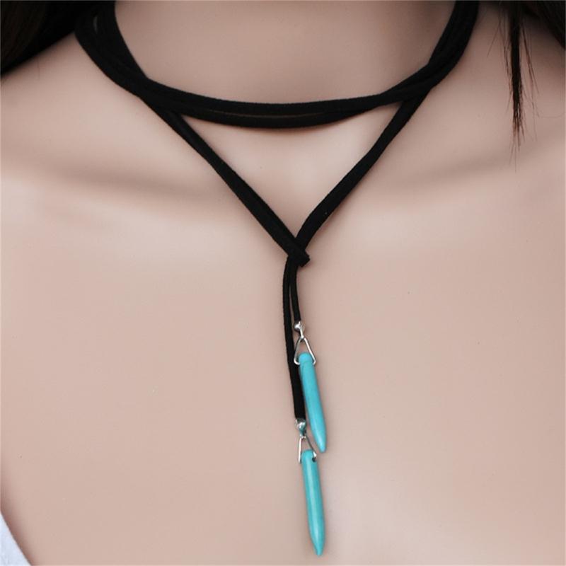 Bohemian Style Leather Sweater Chain Necklace for Women Turquoise Stone Pendant Long Necklace Boho Jewelry Gift