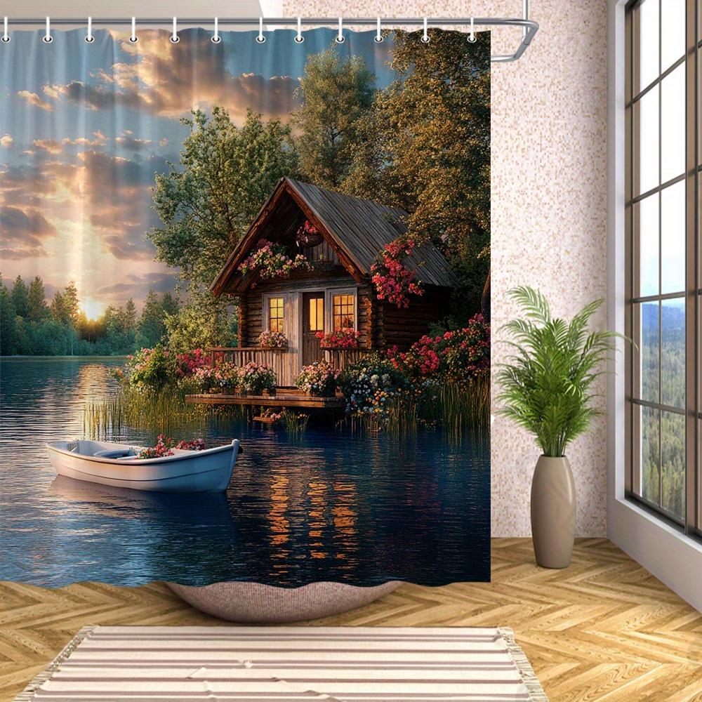 Lakefront Cabin Sunset Waterproof Shower Curtain for Bathroom Decor with Plastic Hooks