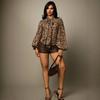 Cămașă europeană și americană nouă retro cu imprimeu leopard, fundă cu panglică, talie marcată și temperament subțire, top la modă cu mâneci lungi