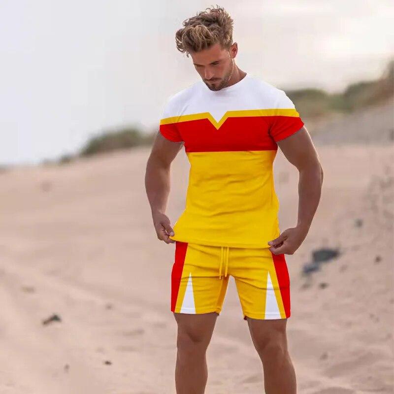Summer Men Beach T Shirt Tracksuit 2 Piece Sets 3D Print All-Match Sports Short Sleeve Round Neck Casual Style Clothing 6XL