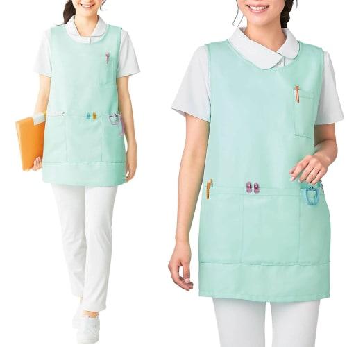 Anfamie No-Iron Apron, Round, for Childcare Workers and Caregivers, Solid Color, with Large Pockets, Two-Button Buttons, Sizes L-LL, Sax