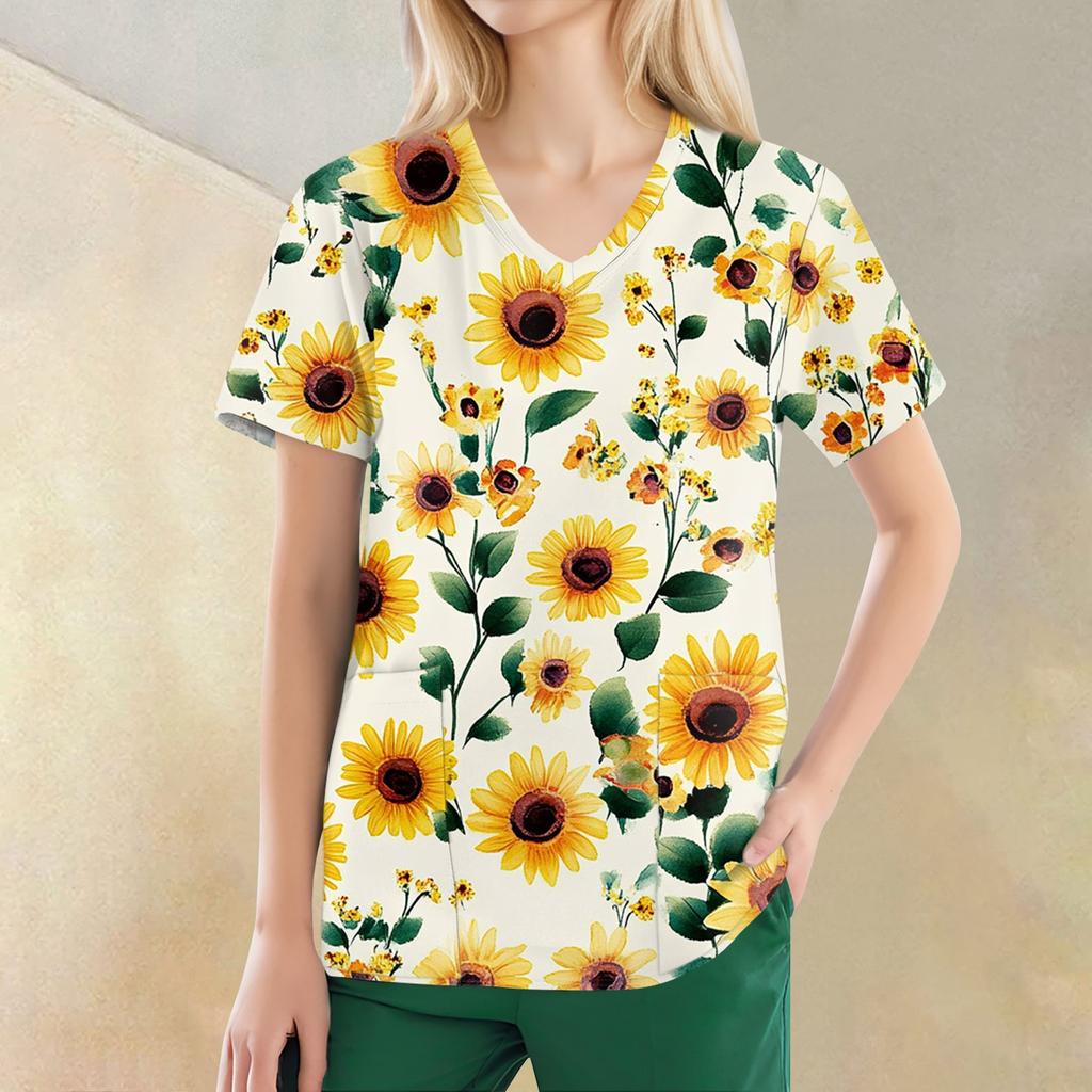 Women's V-neck Fashion Casual Printed Tops And Protective Workwear