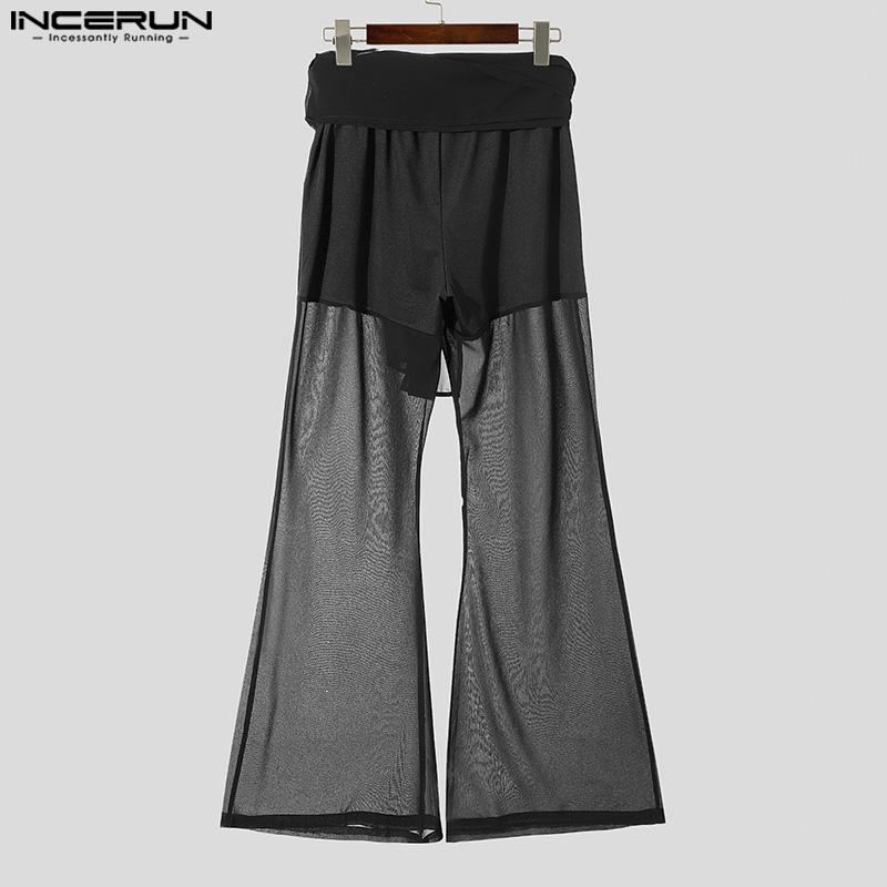 INCERUN Papion bărbați, cusătură în talie elastică, plasă pură, ocazional, pantaloni lungi, pantaloni din dantelă