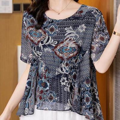 Vintage Floral Printing Asymmetrical Chiffon Shirt Summer New O-Neck Short Sleeve Loose Pullovers Blouse Female Clothing