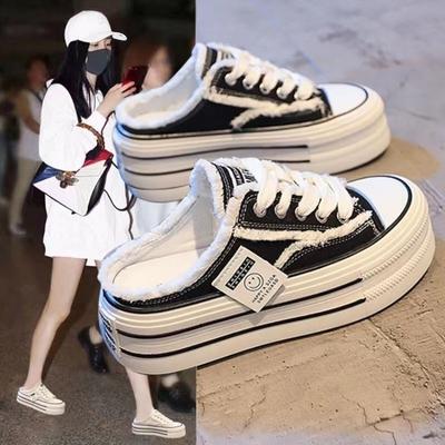 Round Head Heelless Board Shoes Women's Summer Wear New Half-bag Head Canvas Shoes Black Rubber Slippers