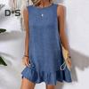 Summer Sundress Ruffle Hem Loose Sleeveless Round Neck Solid Color A-line Mini Dress for Beach Datings Vacation