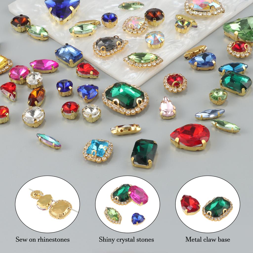 Sew On Rhinestones, Choupee 50PCS Sew On Glass Rhinestone Metal Back Prong Setting Sewing Claw Rhinestone Mixed Shapes