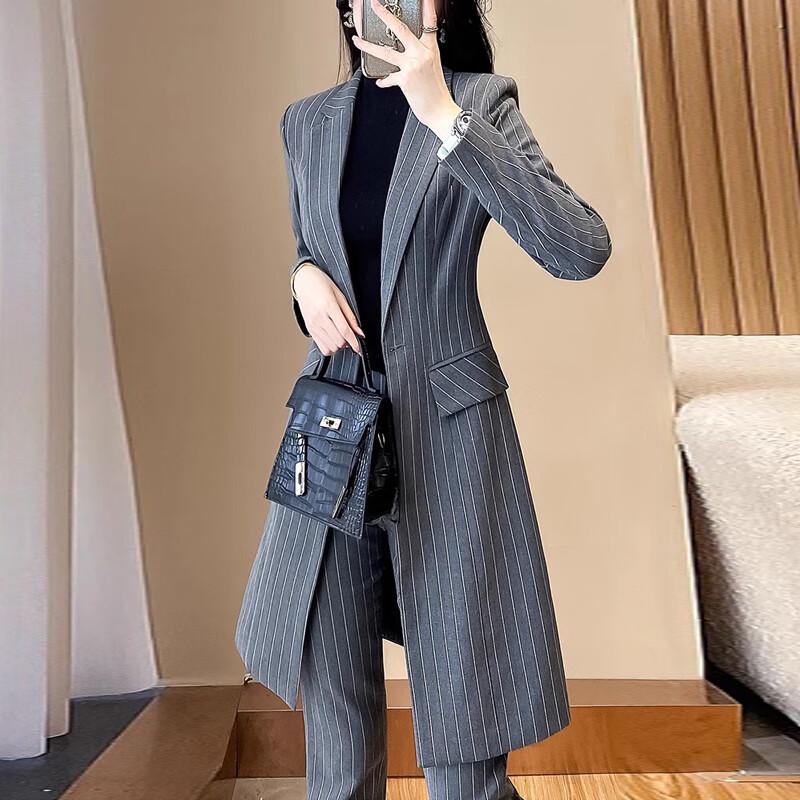 Women's Striped Long Trench Coat & Pant Suit Set