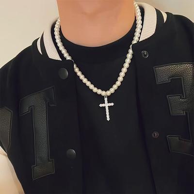 Jewelry Diamond Cross Pearl Necklace Versatile Pendant Neck Chain Men's and Women's Same Collarbone Chain Accessories Europe and America