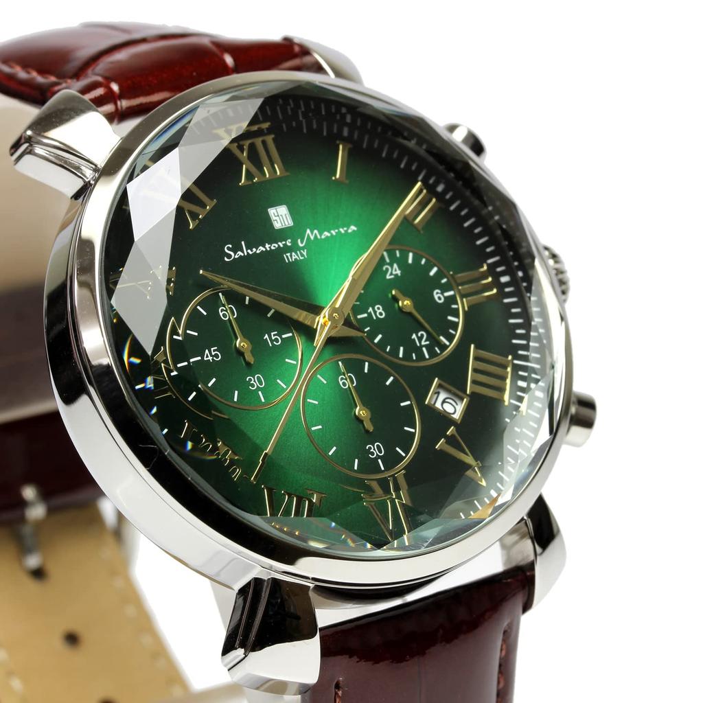 Salvatore Marra Chronograph Watch with Faceted Green and Men's Glass, Brown, SM19104-SSGRGDBR