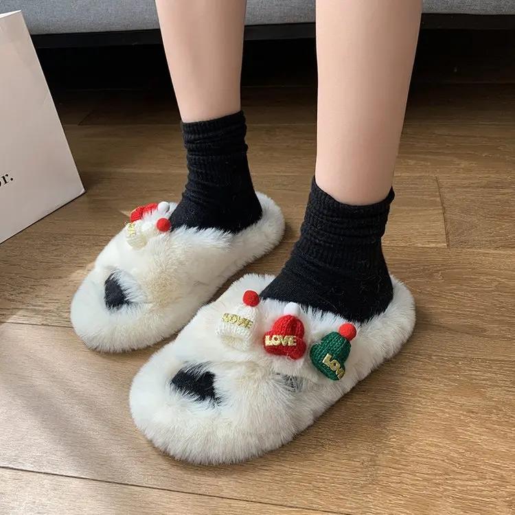 

Модные зимние рождественские женские пушистые тапочки мягкие плюшевые тапочки женские милые домашние тапочки с крестиком пушистые шлепанцы домашние тапочки 35