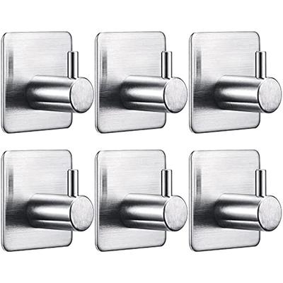 6 peças de adesivos de parede de aço inoxidável, suporte para toalhas de parede, ganchos de banheiro de cozinha, pendurar autoadesivo, aço inoxidável 304, prata