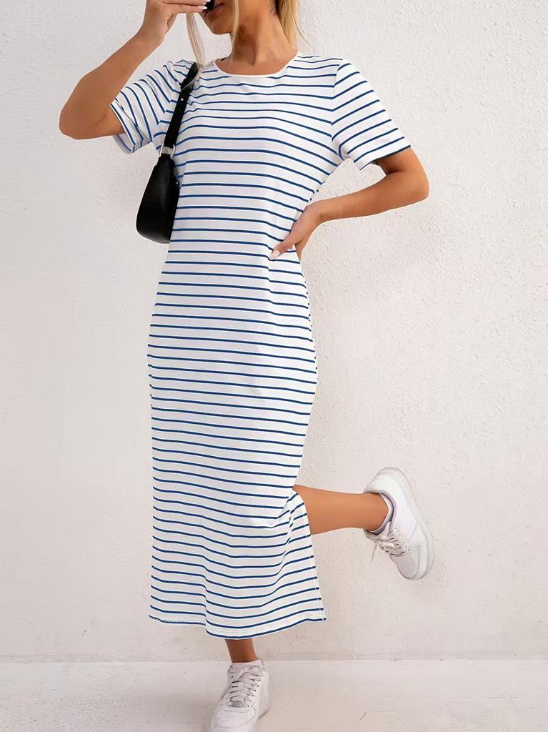 Spring and summer new split design women's fashion striped dress