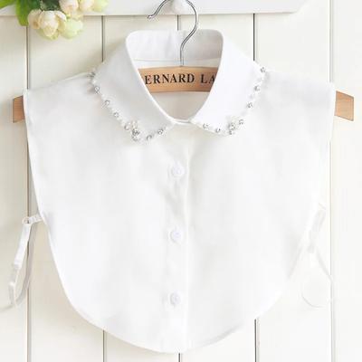 Fashion Women's Chiffon Fake Collar Solid Shirt Beads White False Collar Ladies Lapel Shirt Blouse Top Detachable Collar