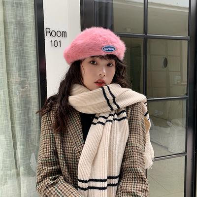 Hat Women's Autumn and Winter Sweet Rabbit Fur Patch Beret Winter Cute Painter Hat Women's Plush Hat