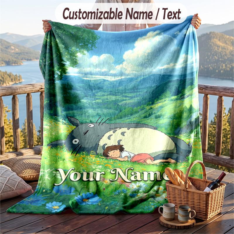 Custom Text Flannel Throw Blanket, Lightweight Cozy Bed Sofa BlanketMy Neighbor Totoro