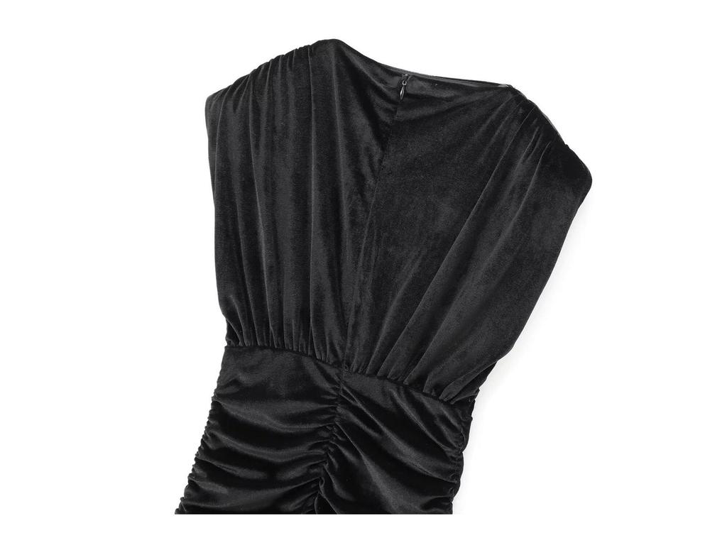 2024 European and American Women's Sexy Slimming Black Velvet Pleated Bodycon Dress
