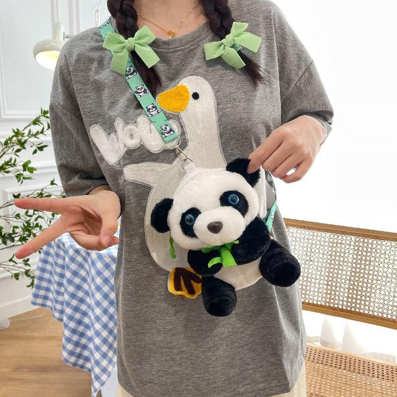 Furry Panda Embroidered Hugging Bamboo Diagonal Cross Backpack For Use Daily