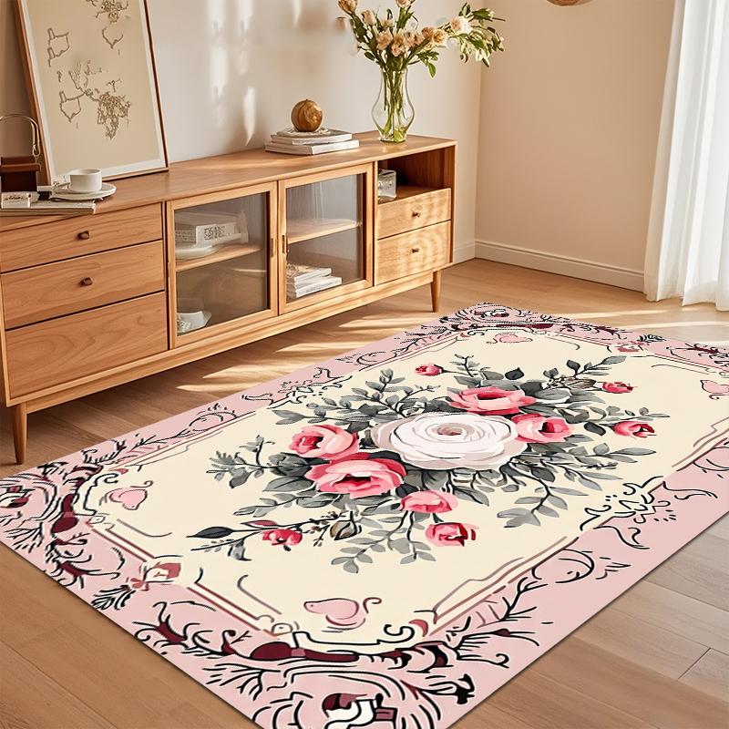 Tappeto Stampato Floreale Rosa Classico Vintage Lussuoso Moderno per Soggiorno Camera da Letto Ufficio Tappetino Antiscivolo Lavabile in Macchina