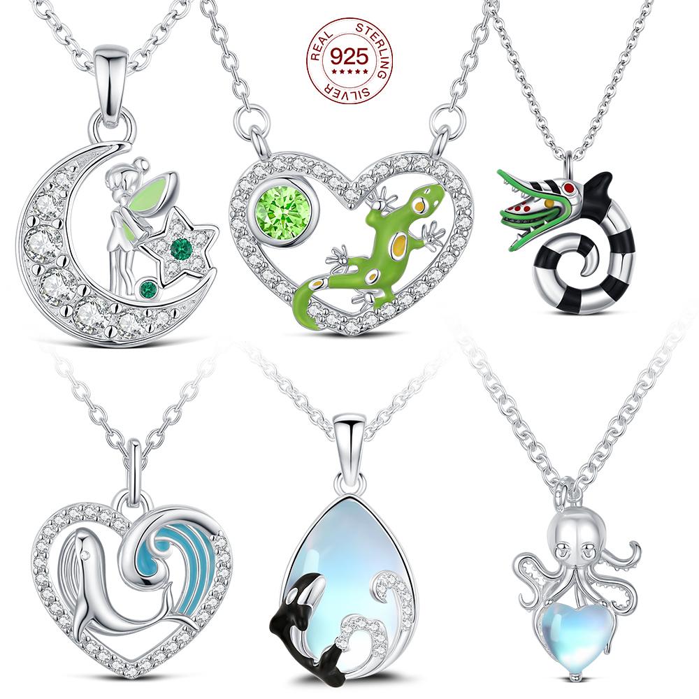 925 Silver Necklace Heart Silver Chain Moon 925 Original Necklace Clover Silver 925 Jewelry Women Gift