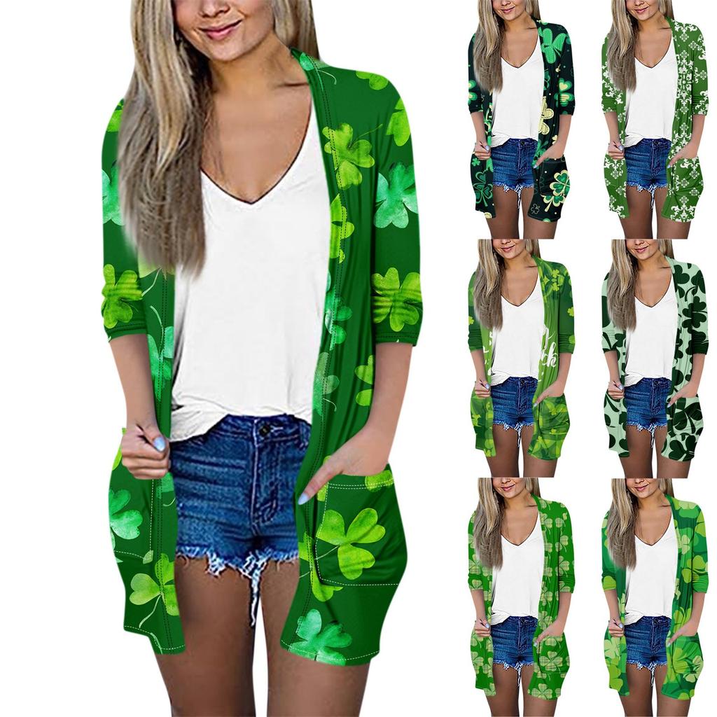 Women's Fashion Loose Casual Pocket Printed Cardigan Seven-Part Sleeve Jacket Top