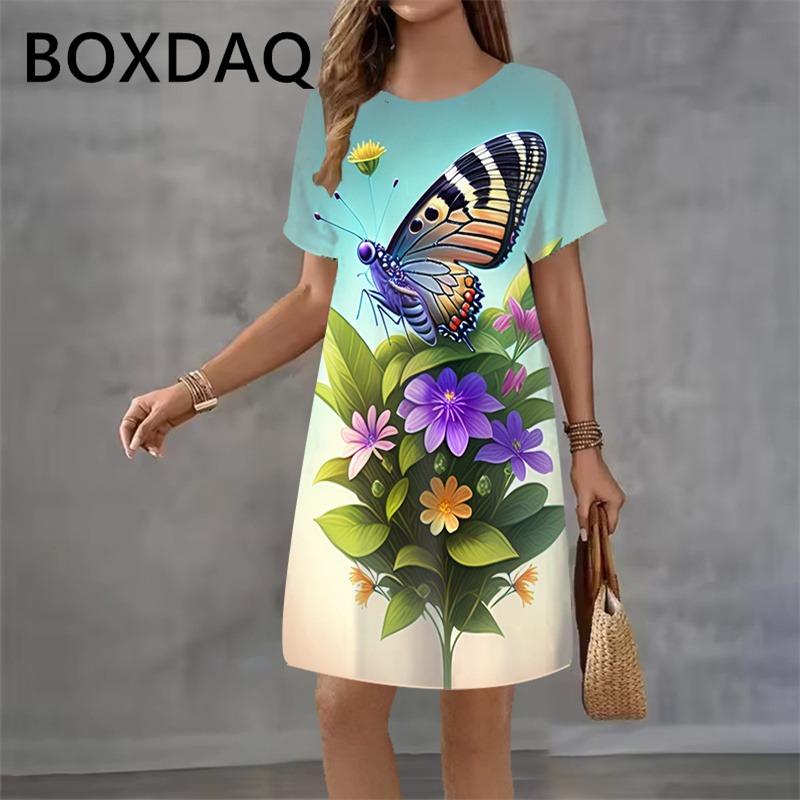 Colorful Butterfly Floral Print Mini Dress Round Neck Short Sleeve Casual Mini Dress Women Summer Dresses