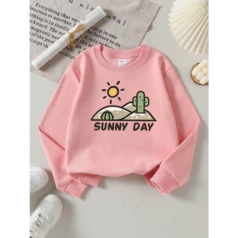 European Sizes Girls' Long-Sleeve Round Neck Sweatshirt "Sunny Day Cactus" Print, Spring/Autumn, Casual, Daily & Sports.
