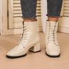 Fashion Spliced Front Lace-Up Single Boots Women's Fashion Square Toe Anti-Slip Wear-Resistant Block Heel Shoe