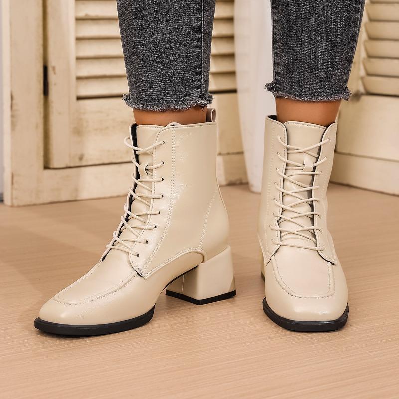 Fashion Spliced Front Lace-Up Single Boots Women's Fashion Square Toe Anti-Slip Wear-Resistant Block Heel Shoe