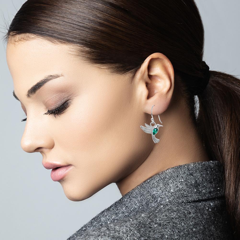 Fashion Flying Hummingbird Earrings with Green Crystal Silver Earrings Zircon Bird Earrings Jewelry Gift for Girls Women