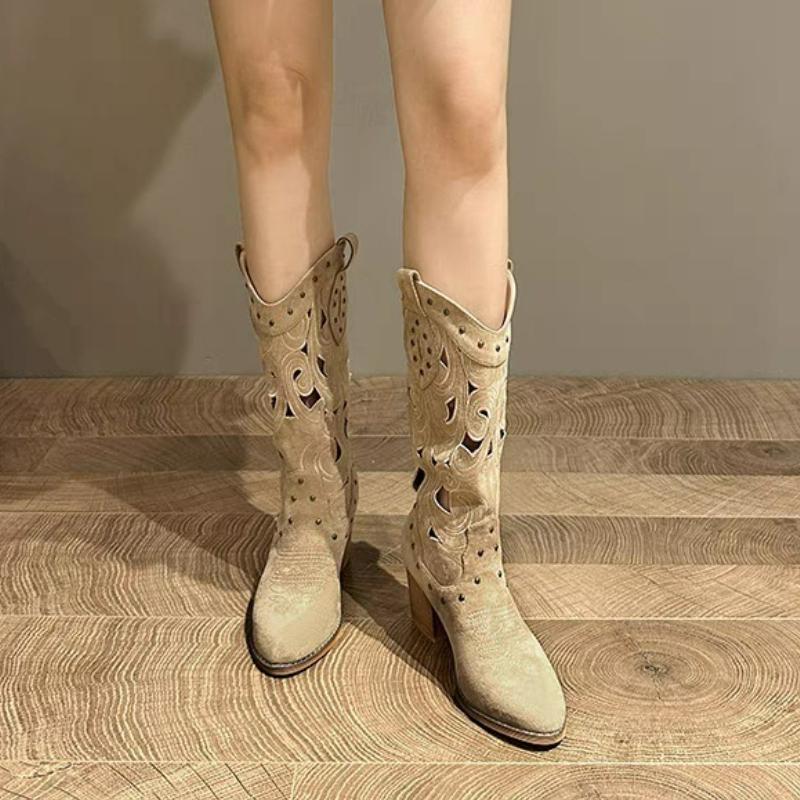 Fashion Women's Boots Hollow Embroidered Western Boots Retro Suede Cowboy Boots Chunky Heels Women Shoes Designer Rivet Mid-Calf Boot